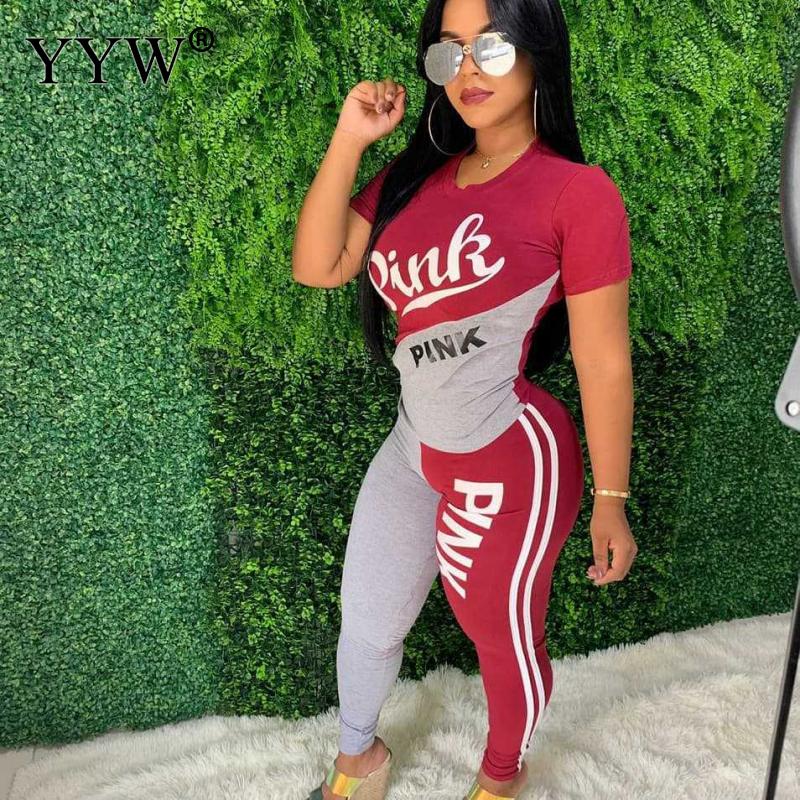 2022 New Tracksuit For Women Pink Letter Print Two Piece Sets Casual 2 PCS Outfits Short Sleeve T Shirt Pants Suits Matching Set - Executive Quality Store