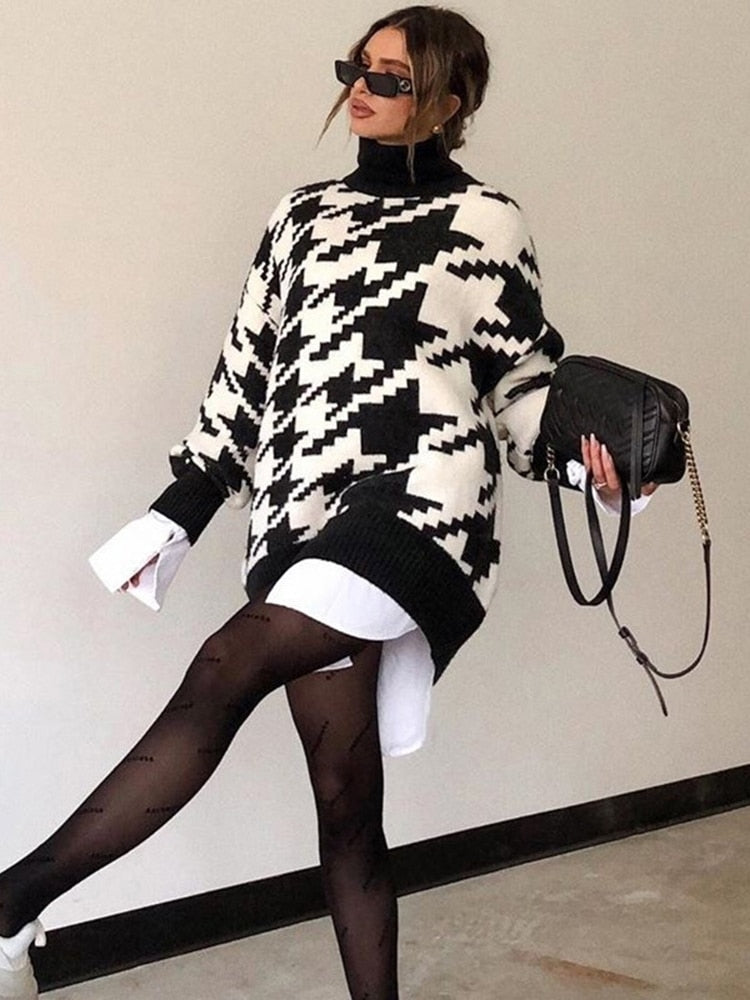 Long Sweater Dress Autumn Winter Fashion Houndstooth Black Turtleneck Long Sleeve Knit Pullover Tops Clothes For Women 2022 Fall - Executive-Skincare