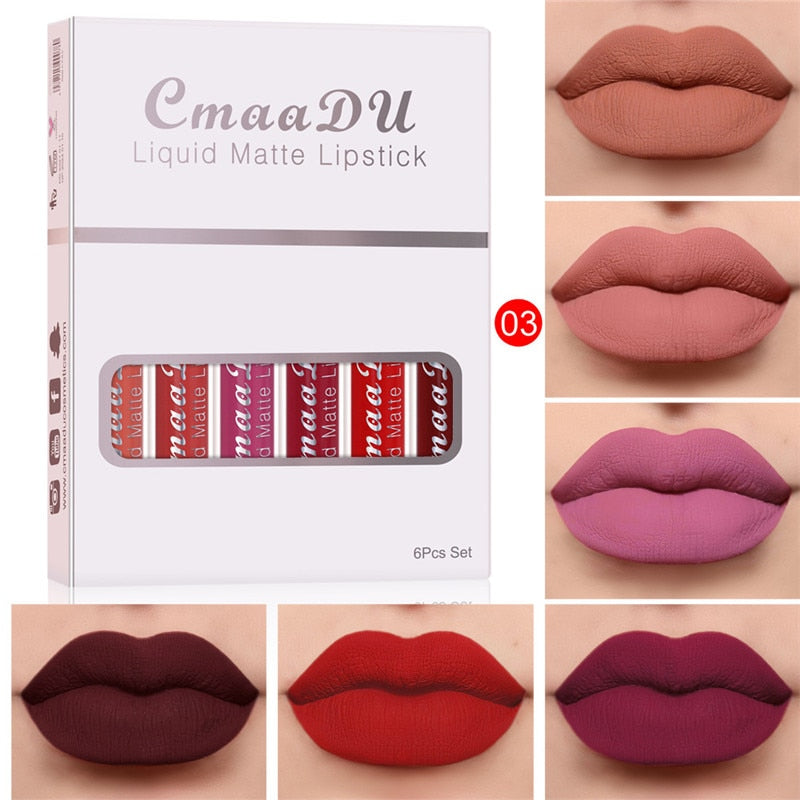 6 Colors/Set Fashion Matte Lip Gloss Sets Natural Moisturize Waterproof Lasting Velvet Sexy Red Liquid Lipstick Beauty Cosmetic - Executive-Skincare