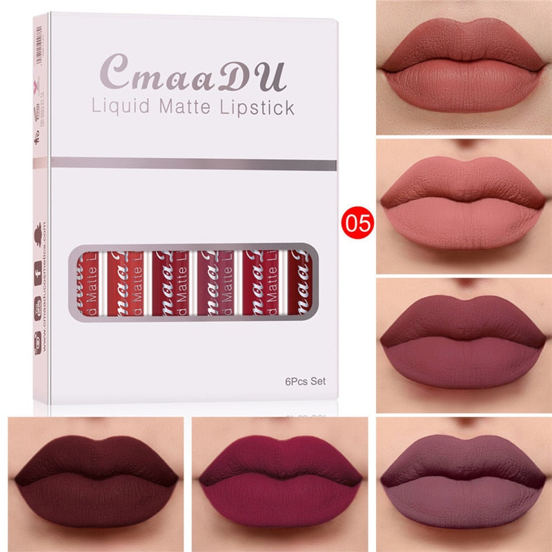 6 Colors/Set Fashion Matte Lip Gloss Sets Natural Moisturize Waterproof Lasting Velvet Sexy Red Liquid Lipstick Beauty Cosmetic - Executive-Skincare