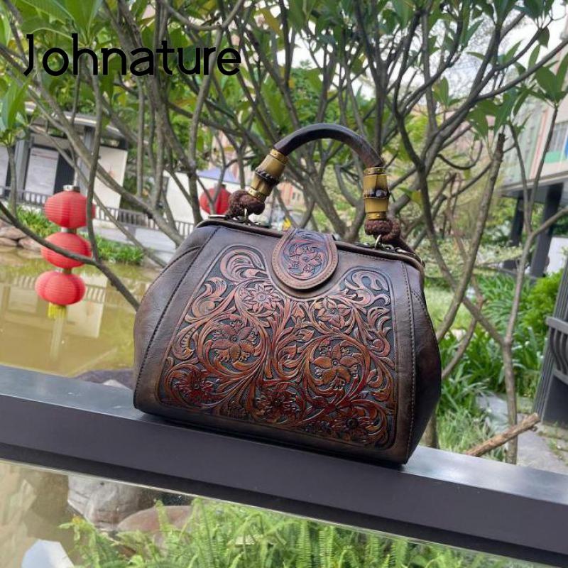 Johnature Luxury Handbag 2022 Autumn New Vintage Handmade Leather Carved Women Bag Versatile Female Shoulder &amp; Crossbody Bags - Executive-Skincare