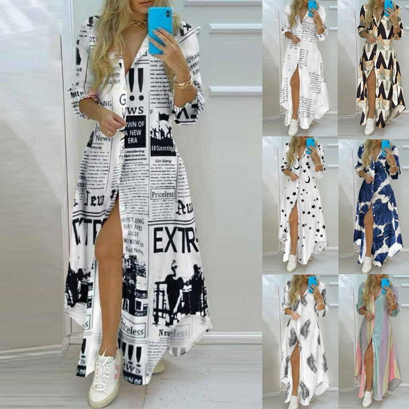 2022 New Long Shirt Dress Women Single Breasted Button Lapel Long Sleeve Dress Spring Summer Letter Print Oversized Robe Dresses - Executive-Skincare