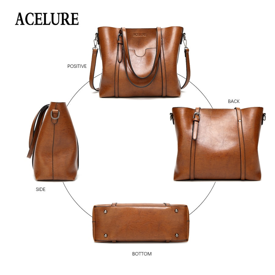 ACELURE Women bag Oil wax Women&#39;s Leather Handbags Luxury Lady Hand Bags With Purse Pocket Women messenger bag Big Tote Sac Bols - Executive-Skincare