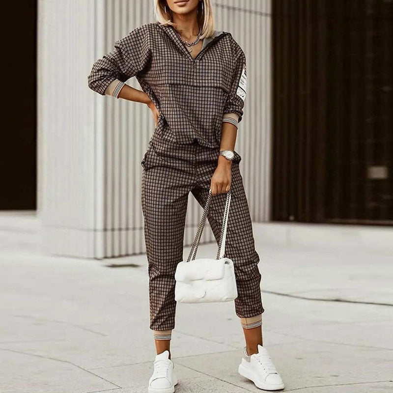 Hooded Long Sleeve Spring Autumn Pants Suit Women Print Tops Loose Pants Two Piece Set Vintage Patchwork Pockets Office Lady Set - Executive-Skincare