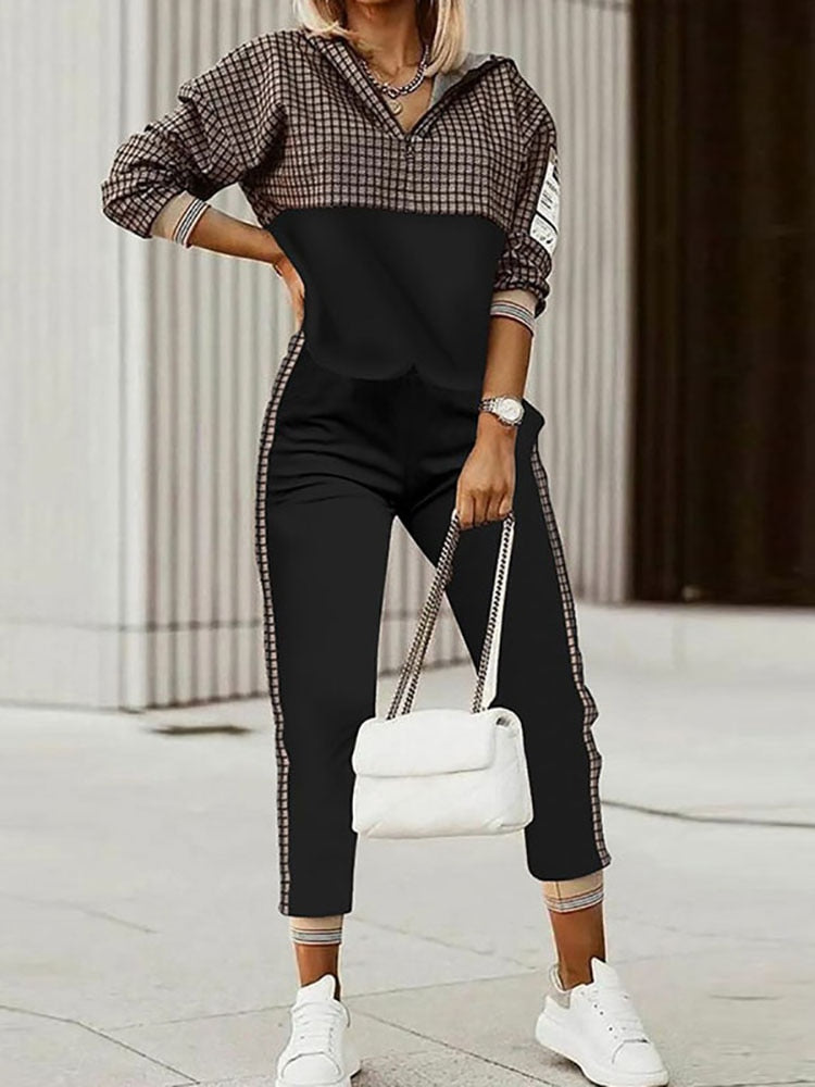 Hooded Long Sleeve Spring Autumn Pants Suit Women Print Tops Loose Pants Two Piece Set Vintage Patchwork Pockets Office Lady Set - Executive-Skincare