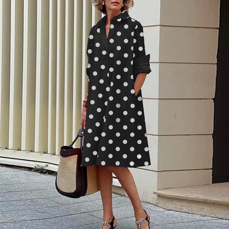 Autumn New Simple Shirt Dress Casual Solid Color Long Sleeves Fashion Turn-down Collar Elegant Pocket Streetwear Female Dresses - Executive-Skincare