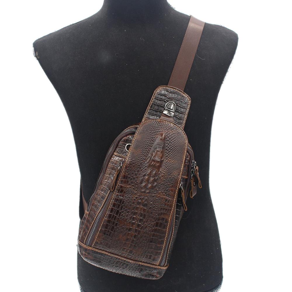 High Quality Real Leather Men Messenger Shoulder Cross body Bag Oil Wax Cowhide Travel Crocodile Pattern Sling Chest Back Pack - Executive-Skincare