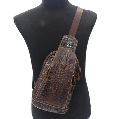 High Quality Real Leather Men Messenger Shoulder Cross body Bag Oil Wax Cowhide Travel Crocodile Pattern Sling Chest Back Pack - Executive-Skincare