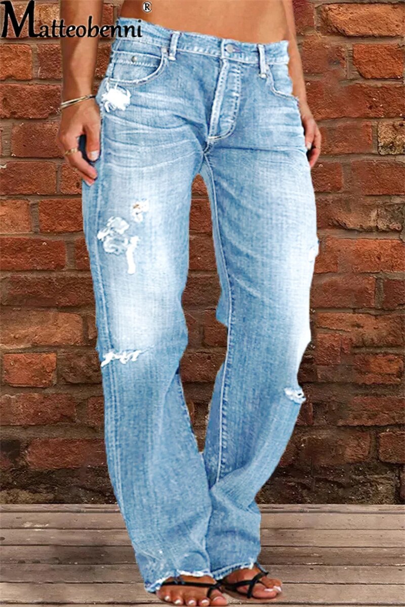 Fashion New Stretch Mid-Waist Straight Jeans Women Casual Stitching Denim Pants Female Washable Broken Holes Trousers Streetwear - Executive-Skincare