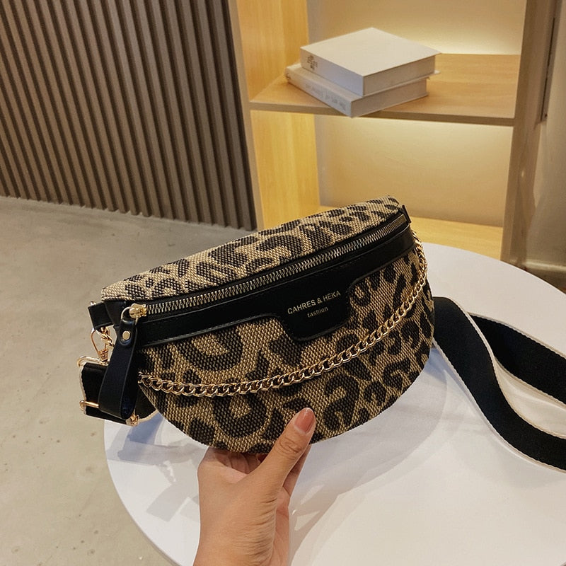 New Fashion Leopard Women Waist Bag Female Phone Purses Ladies Chest Wide Strap Crossbody Shoulder Bags Small Chain Fanny Packs - Executive-Skincare