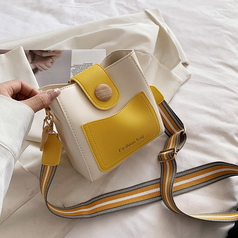 Small Women Bucket Shoulder Bags Contrast Color Leather Ladies Messenger Bag Broadband Crossbody Bags Casual Designer Handbags - Executive-Skincare