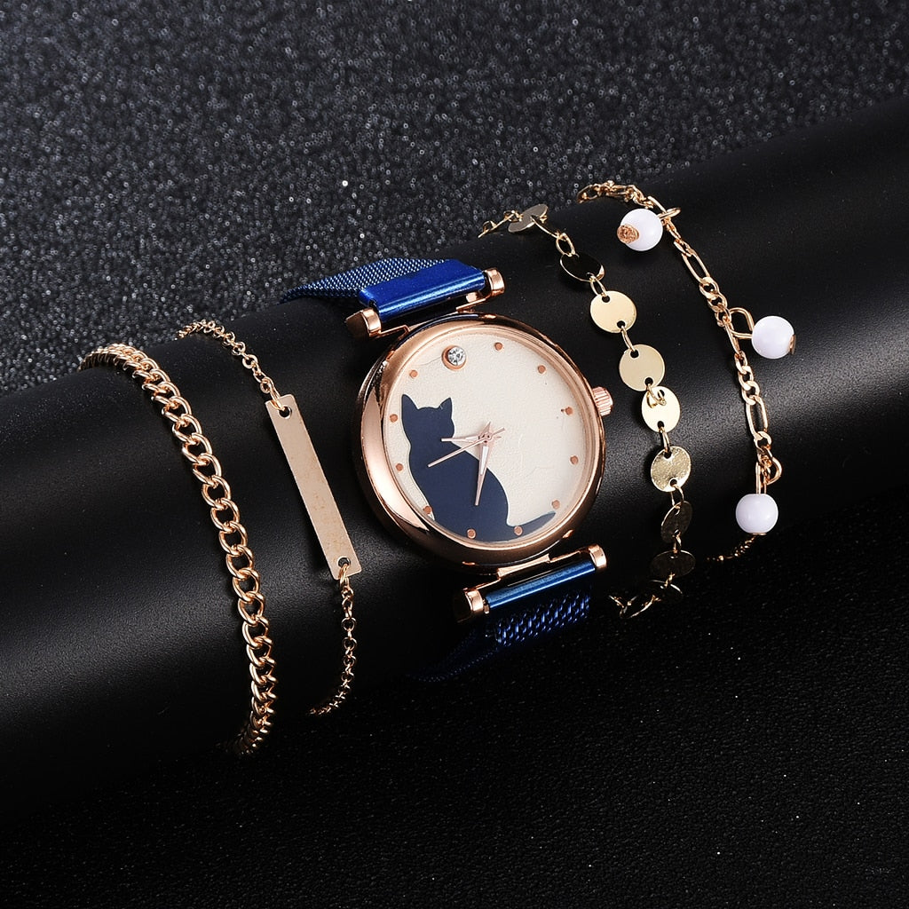 Fashion Watch Set Women 5pcs Quartz Wristwatch Mesh Bracelet Cat Dial Luxury Woman Watch Casual Ladies Clock Relogio Femenino - Executive-Skincare