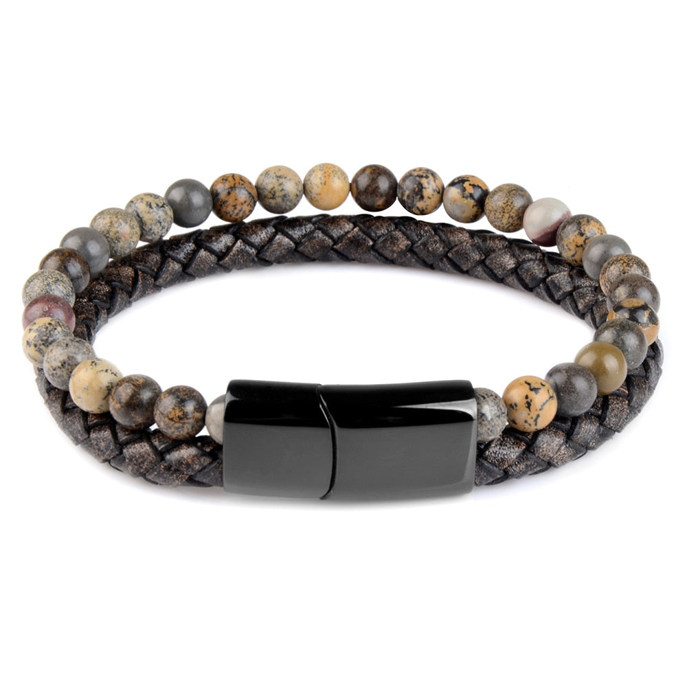 Natural Stone Bracelets Genuine Leather Braided Bracelets Black Stainless Steel Magnetic Clasp Tiger eye Bead Bangle Men Jewelry - Executive-Skincare