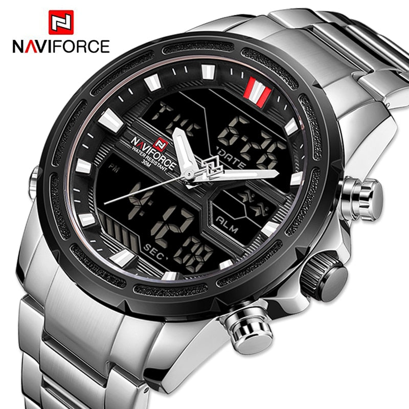 NAVIFORCE Watches for Men Luxury Brand Digital Chronograph Sport Quartz Wristwatch Waterproof Military Steel Band Luminous Clock - Executive-Skincare