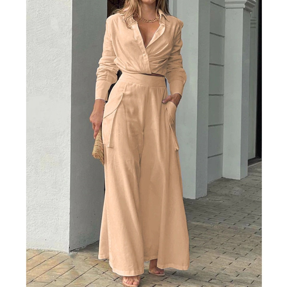 2 Piece set Suits 2022 New Women Shirt Suits ElegantTrousers Set Female Long Sleeve Shirt And Wide Leg Straight Pants Streetwear - Executive Quality Store