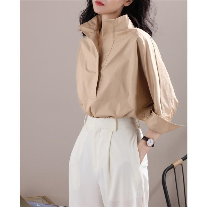 2022 New Autumn Fashion Women&#39;s Casual Three-quarter Sleeve Cotton Shirt Elegant Stand Collar White Office Lady Loose Blouse Top - Executive Quality Store