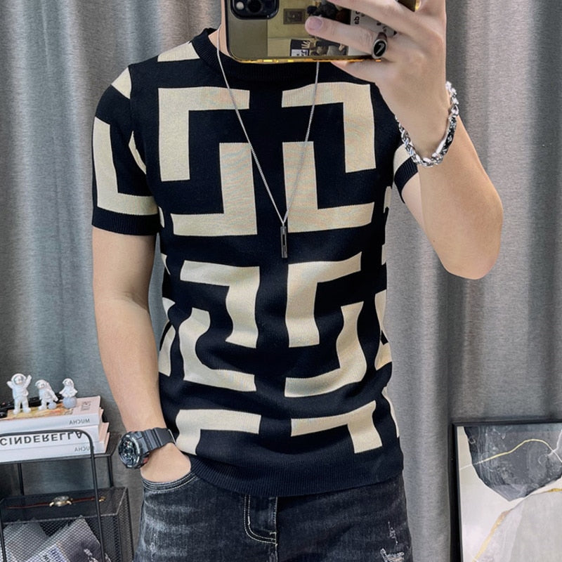 3 Color Short Sleeve Knitting T-Shirt Men Slim Streetwear Color Contrast T Shirt Men Tee Shirt Homme Social Club Outfits Tshirt - Executive-Skincare