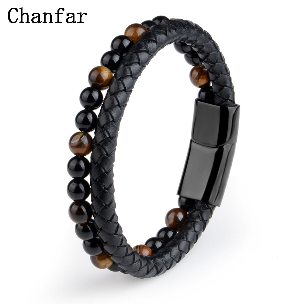 Natural Stone Bracelets Genuine Leather Braided Bracelets Black Stainless Steel Magnetic Clasp Tiger eye Bead Bangle Men Jewelry - Executive-Skincare