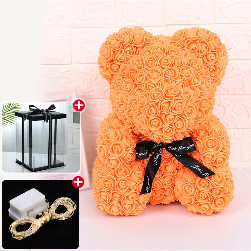 Rose Bear Artificial Flower With Box and Light Rose Teddy Bear Wedding Decor Christmas Women Valentines Girlfriend Birthday Gift - Executive-Skincare