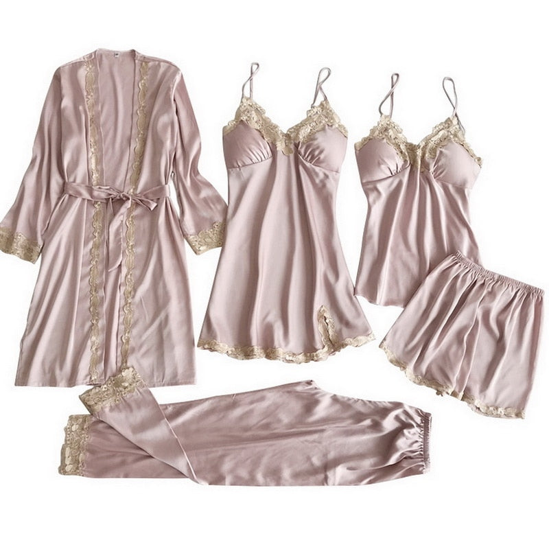 5pcs Silk Robe Set Women Lace Pajamas Gown Set V-Neck Nighties Wear Home Nightwear Pijama Sleepsuit Spring Nightdress