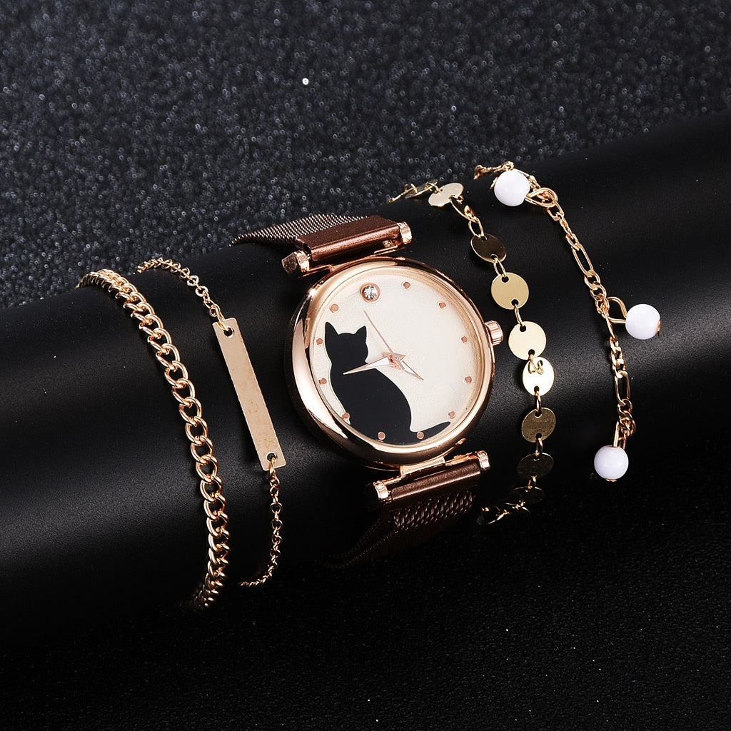 Fashion Watch Set Women 5pcs Quartz Wristwatch Mesh Bracelet Cat Dial Luxury Woman Watch Casual Ladies Clock Relogio Femenino - Executive-Skincare