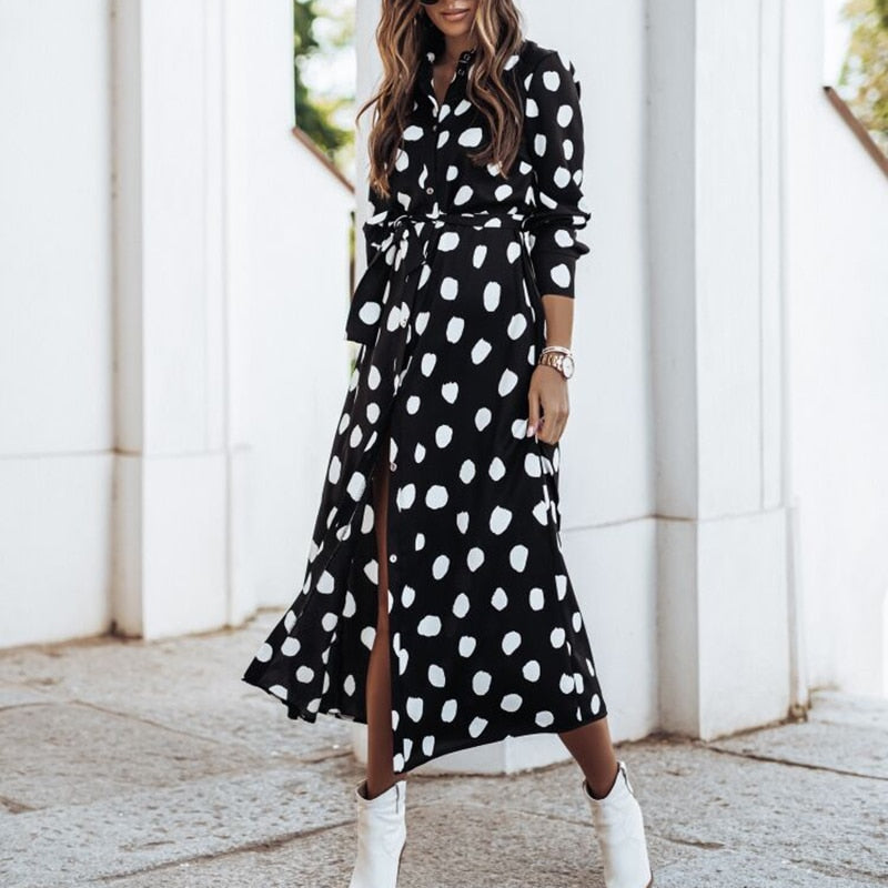 2022 Y2K Spring Autumn Women&#39;s Elegant Dress Fashion V-Neck Polka Dot Print Three-Quarter Sleeve Lace-Up Slit Midi Dress Vestido - Executive-Skincare