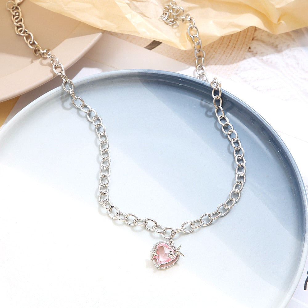 Korean Fashion Pink Heart Zircon Pendant Necklace for Women Charm Collar Chain Valentines Day Gift Wedding Party Jewelry Collare - Executive-Skincare