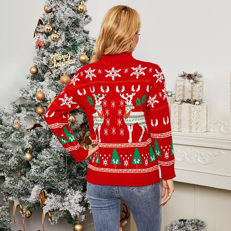 Christmas Sweater for Women Autumn Winter New Reindeer Jacquard Half High Collar Loose Knitting Pullover Tops Casual  Sweaters - Executive-Skincare