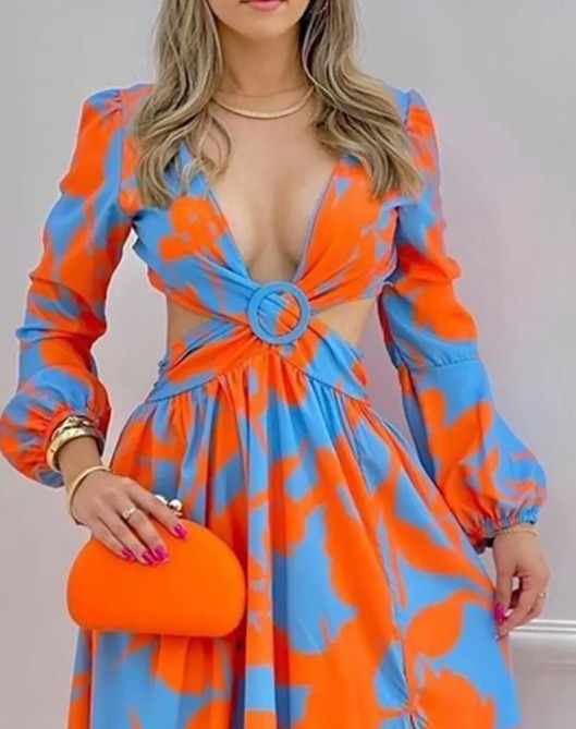 2022 Spring Women Long Sleeved Cutout V-Neck Twist Summer Elegant Tie Dyed Floral Printed Lantern Sleeve Split Thigh Maxi Dress - Executive-Skincare