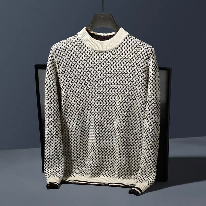 High grade color blocking trend jacquard round neck sweater for men&#39;s winter thick warm sweater comfortable soft pullover men - Executive-Skincare