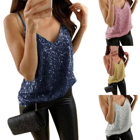 Women&#39;s Camisole, Adult Glitter V-neck Sleeveless Backless Female Spaghetti Strap Cami Tops - Executive-Skincare