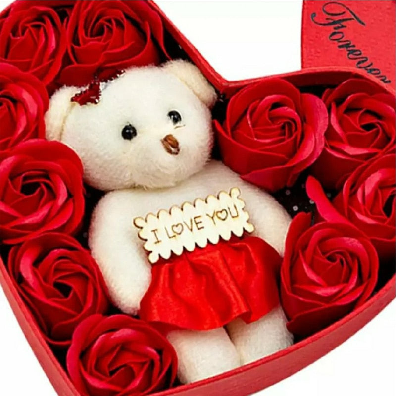 Teddy Bear Rose Artificielle Flower Decoration Soap Artificial Rose Flowers Valentines Day Gift Box Heart San Valentin Rose Bear - Executive-Skincare