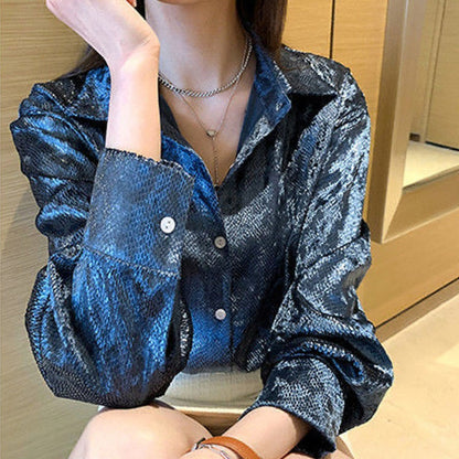 Korean Chic Bright Solid Color Single-breasted Blouse Female Casual Long Sleeve Polo-Neck All-match Shirt Women&#39;s Clothing New - Executive-Skincare