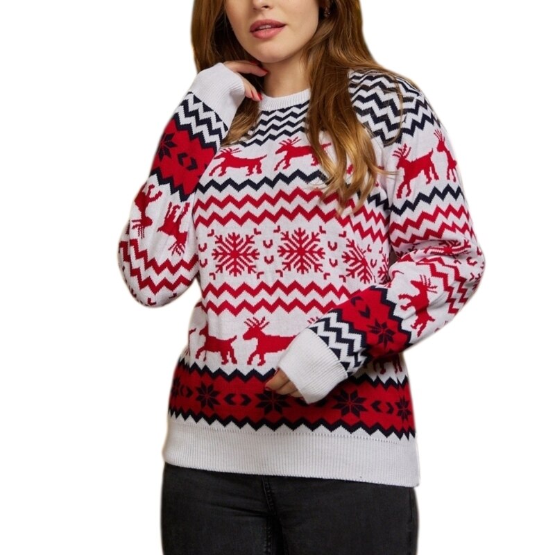 Women Men Christmas Sweater Reindeer Jacquard Knitwear Casual O-Neck Jumpers Top - Executive-Skincare