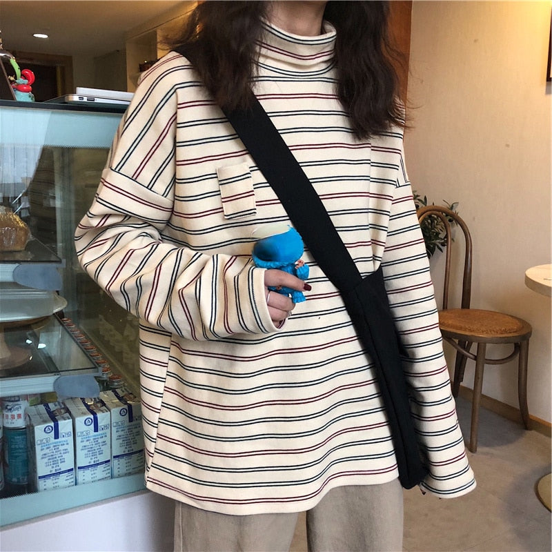 harajuku Long Sleeve T Shirt girl Christmas Topspring autumn embroidery stripe Tops Tees Women full Sleeve T-shirt Casual Female - Executive-Skincare