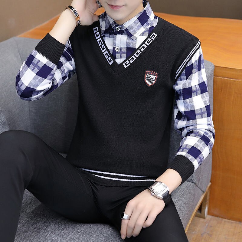 Fashion Lapel Spliced Knitted Fake Two Pieces Lattice Sweater Men&#39;s Clothing 2022 Autumn New Casual Pullovers Loose Korean Tops - Executive-Skincare