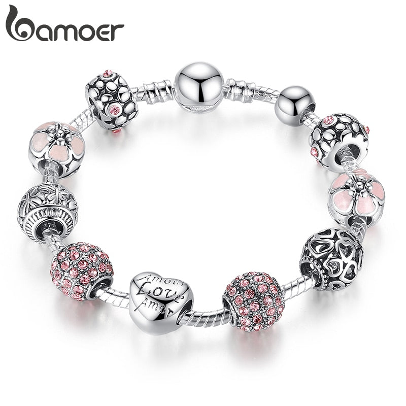 BAMOER Silver Plated Charm Bracelet &amp; Bangle with Love and Flower Beads Women Wedding Jewelry 4 Colors 18CM 20CM 21CM PA1455 - Executive-Skincare