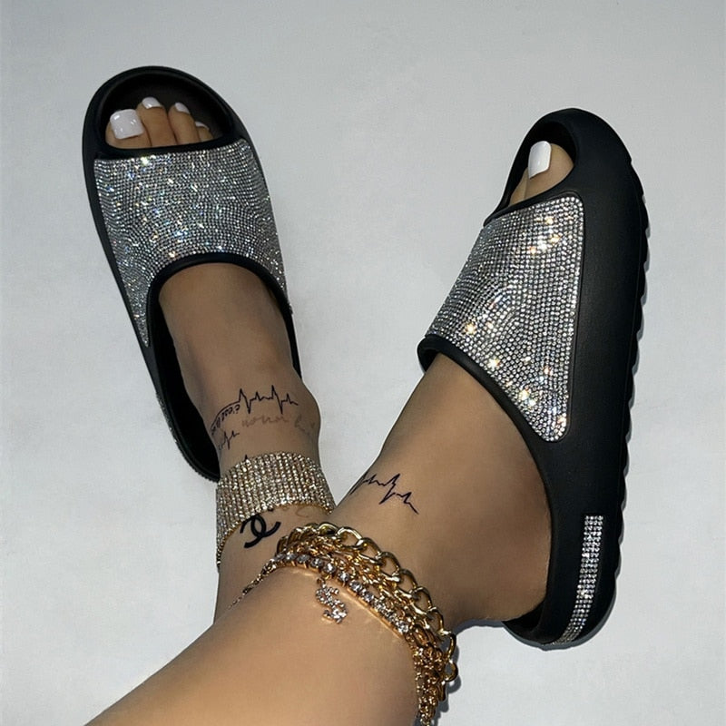 Women Fashion Slides Platform Rhinestone Decor Slide Sandals Outdoor Non-Slip Beach Sandals Slippers