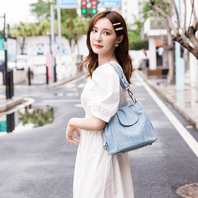 Casual Denim Bucket bag for women Shoulder Crossbody Bag Multiple pockets  ladies handbag Luxury design Female big Totes blue - Executive-Skincare