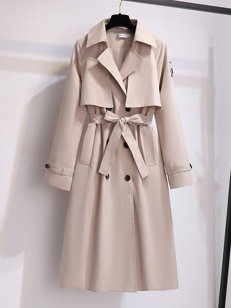 Ailegogo Casual Female Turndown Collar Loose Long Trench Coat Autumn Women Double Breasted Windbreaker with Belt Ladies Ouwear - Executive-Skincare