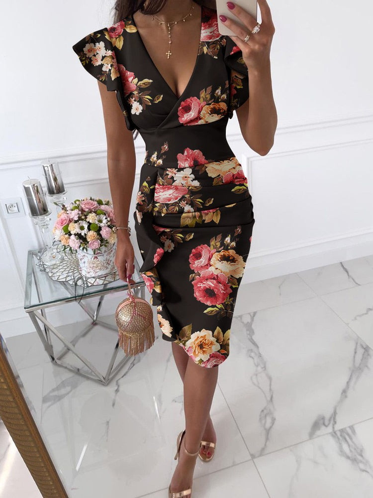 Sexy V-Neck Slim Office Lady Dress Ruffle Short Sleeve Bodycon Knee-length Dresses For Women 2022 Casual Summer Woman Work Dress - Executive-Skincare