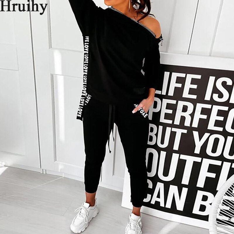 Two Piece Set Women Solid Hoodied Sweatshirt&amp;woman Pants Ribbon Patchwork Letter Print Tracksuit Women Pockets Zipper Autumn - Executive Quality Store