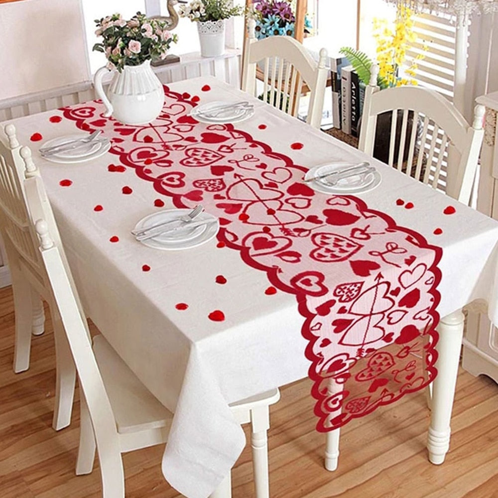 Valentine&#39;s Day Table Runner Placemats Love Heart Hollow Lace Table Runner for Wedding Valentines Party Decorations Supplies - Executive-Skincare