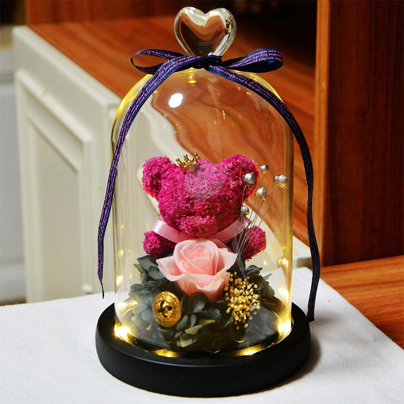 Lovely Eternal Flower Rose Bear Glass Cover with LED Light Valentine&#39;s Day Birthday Gift for Wife Girl Friend Mother Daughter - Executive-Skincare