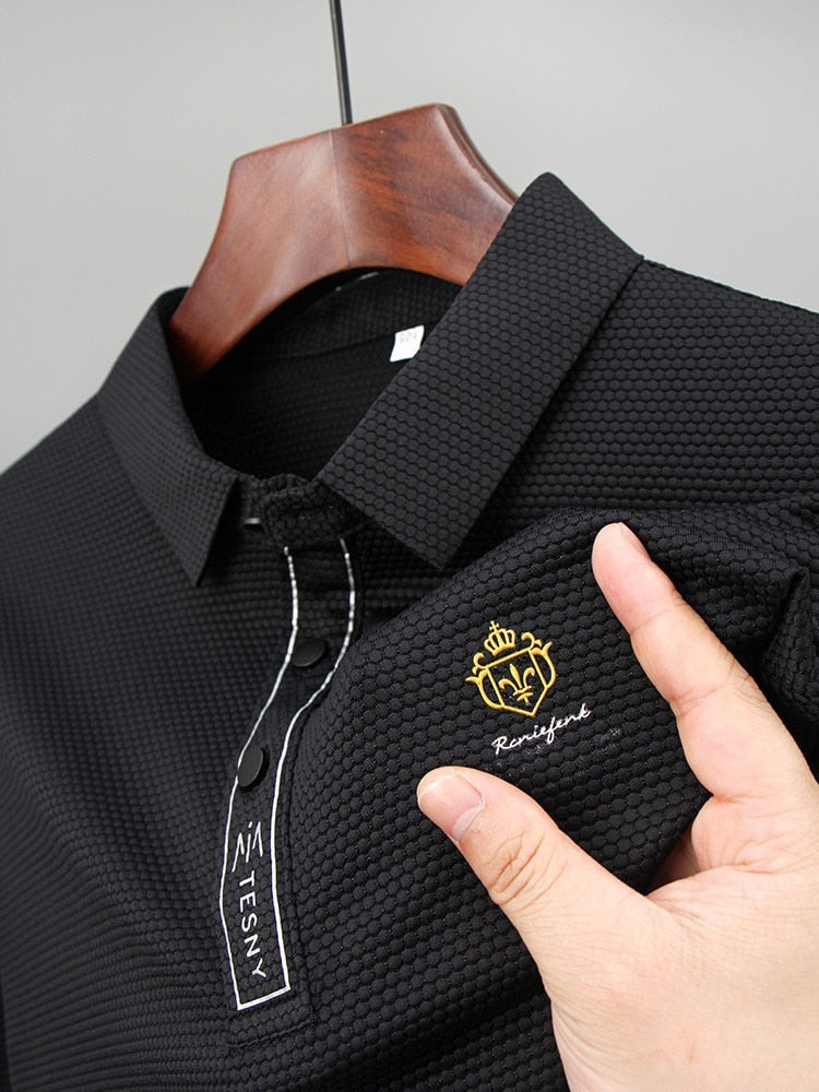 High end breathable smooth T-shirt short sleeve men&#39;s Lapel top 2022 summer exquisite embroidery polo shirt trend men&#39;s clothing - Executive-Skincare