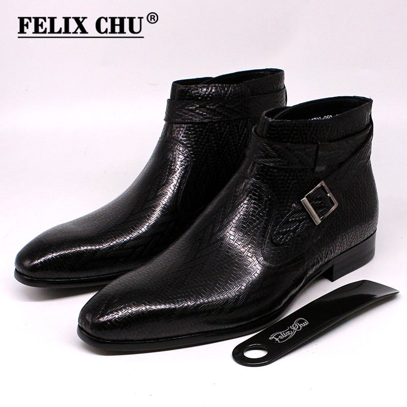 Handmade Men Ankle Boots Felix Chu Genuine Leather Mens Motorcycle Boots Black Red Buckle Strap High Top Dress Shoes for Men - Executive-Skincare