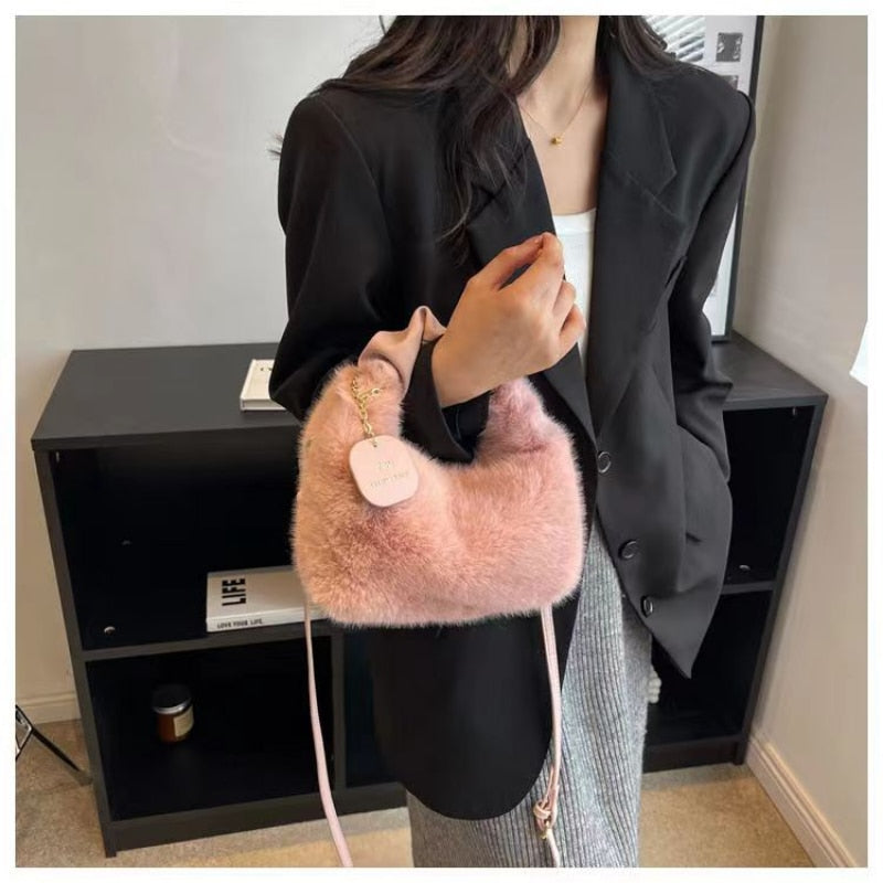 Women Faux Fur Handbags Zipper Small Lady Shoulder Crossbody Bag Casual Tote Half-Moon Hobos Winder - Executive-Skincare