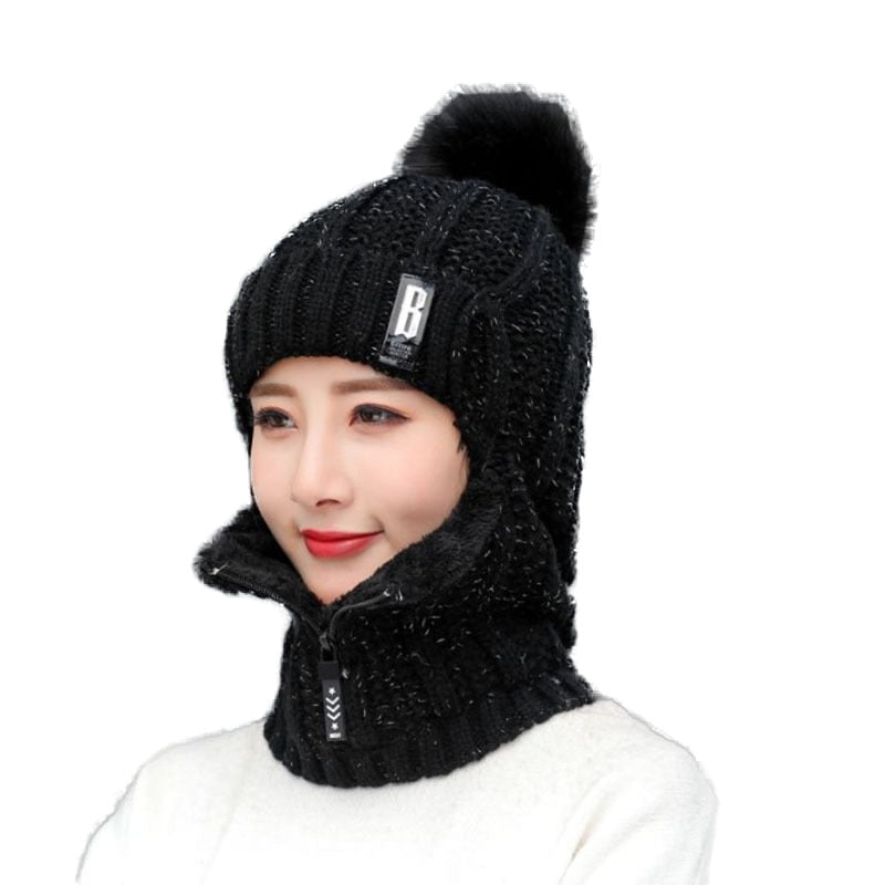 Women Wool Knitted Hat Ski Hat Sets Windproof Winter Outdoor Knit Thick Siamese Scarf Collar Warm Keep Face Warmer Beanies Hat - Executive-Skincare