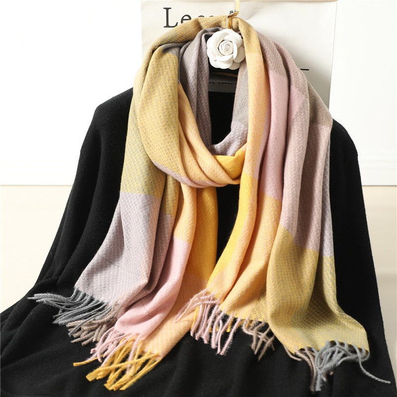 Luxury Plaid Scarf Winter Warm Cashmere Women Long Pashmina Foulard Female Scarves Lady Tassel Shawl Wraps 2022 Design New - Executive-Skincare