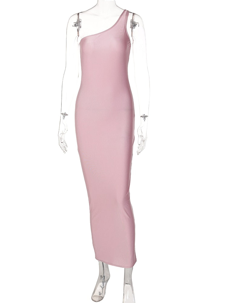 Hawthaw Women Elegant One Shoulder Bodycon Party Club Wedding Evening Birthday Pink Long Dress 2022 Summer Clothes Streetwear - Executive-Skincare